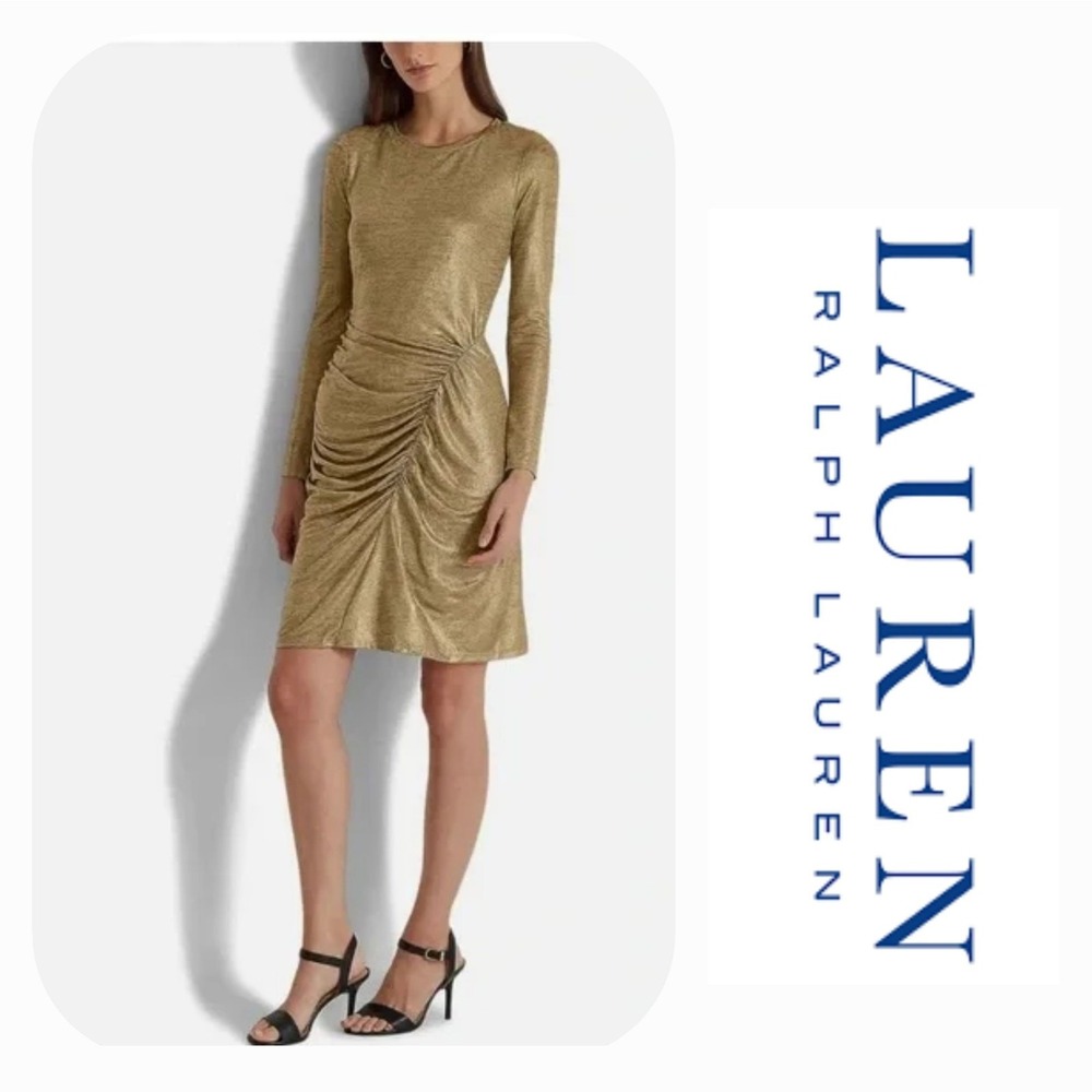 Lauren Ralph Lauren Gold Foil Jersey Ruched Long Sleeve Sheath Cocktail Dress 8